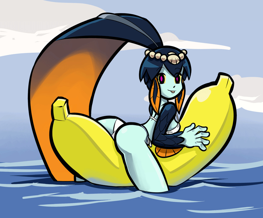 :p ass banana_boat bikini blue_skin commentary english_commentary josue_pereira long_hair looking_at_viewer looking_back minette_(skullgirls) ocean pink_eyes revision seashell shell side-tie_bikini skullgirls solo swimsuit tongue tongue_out very_long_hair white_bikini yellow_sclera