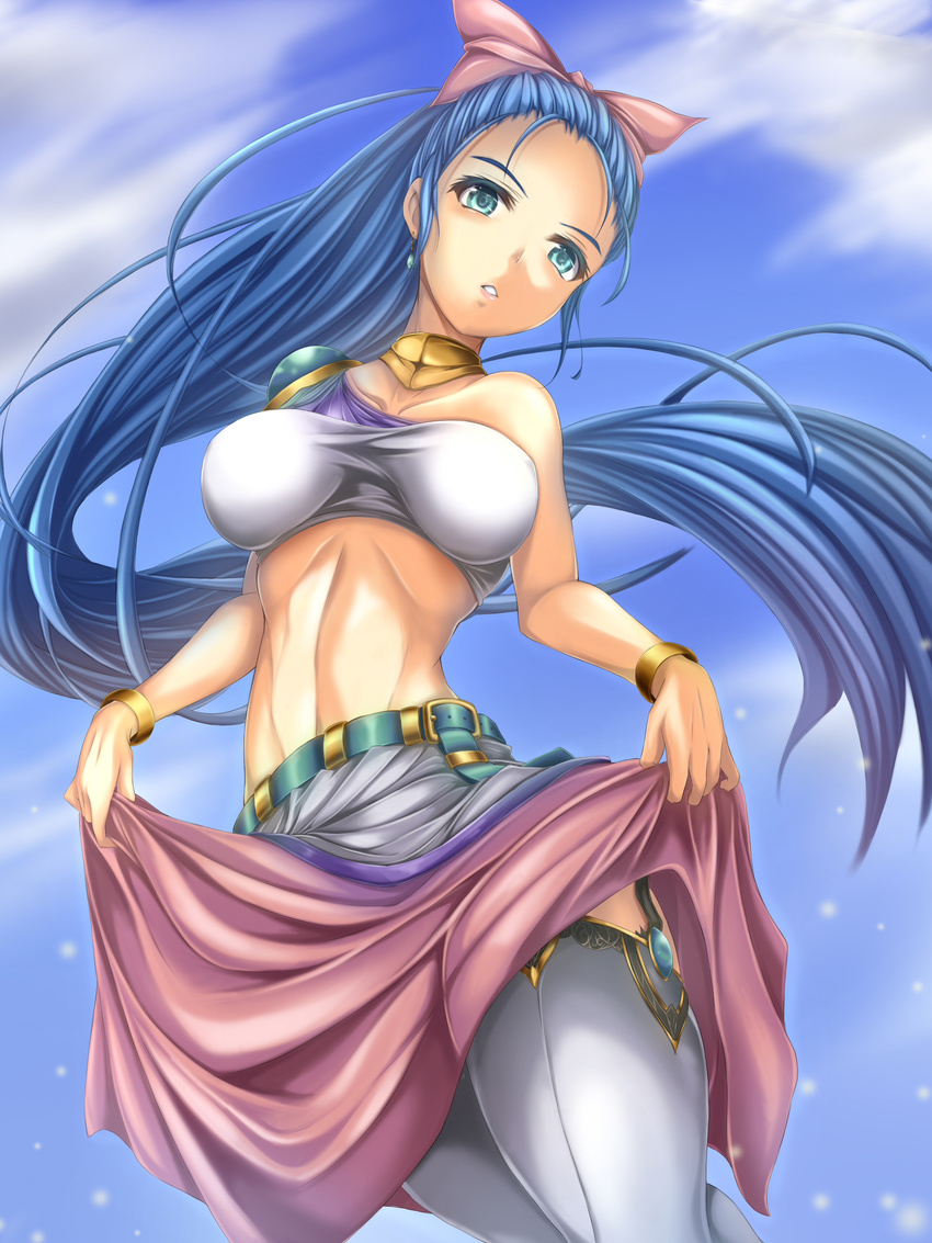 absurdres armband belt blue_hair bow cyoppu dragon_quest earrings flora hair_bow highres jewelry long_hair midriff parted_lips pink_bow ponytail solo thighhighs