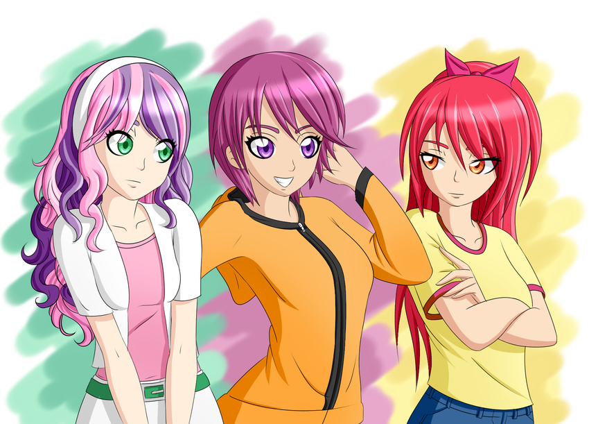 apple_bloom_(mlp) bow breasts clothed clothing cute cutie_mark_crusaders_(mlp) female friendship_is_magic green_eyes group hair human humanized long_hair mammal my_little_pony purple_eyes purple_hair scootaloo_(mlp) smile sweetie_belle_(mlp) two_tone_hair young zantyarz