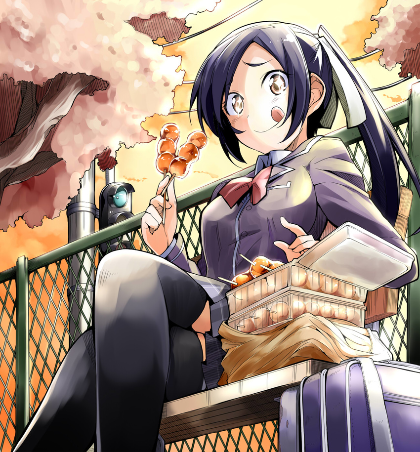 :p bag bench bibi black_legwear bow box brown_eyes cherry_blossoms crossed_legs dango food hair_ornament hair_ribbon highres long_hair original ponytail purple_hair ribbon school_bag school_uniform sitting solo sparkling_eyes symbol-shaped_pupils takoyaki thighhighs tongue tongue_out traffic_light tree wagashi zettai_ryouiki