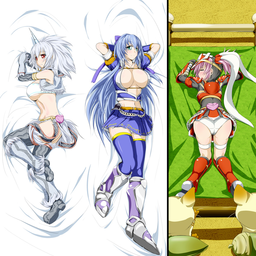 animal armor armored_boots arms_behind_head arms_up ass asuru_(armor) bandeau bed_sheet belt blue_skirt boots breasts buckle cat cleavage closed_eyes collarbone crotch_seam dakimakura from_above full_body fur_trim hermitaur_(armor) highres huge_breasts kirin_(armor) knee_boots large_breasts looking_at_viewer lying monster_hunter multiple_girls mun on_back on_side panties pleated_skirt pointy_ears profile sideboob skirt smile thighhighs underboob underwear vest whiskers white_panties