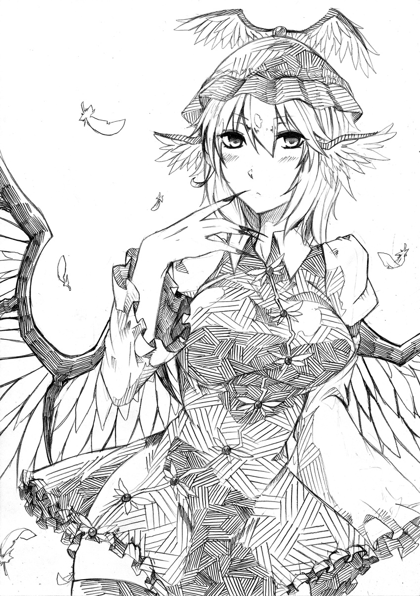 absurdres animal_ears breasts dress feathers finger_to_mouth fingernails fumotewi greyscale hat highres large_breasts long_fingernails long_sleeves looking_at_viewer monochrome mystia_lorelei short_hair simple_background solo thighhighs touhou traditional_media white_background wings