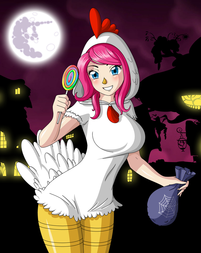 absurd_res big_breasts blue_eyes breasts candy chicken_suit clothed clothing female friendship_is_magic hair halloween hi_res holidays human humanized lollipop looking_at_viewer mammal moon my_little_pony night outside pink_hair pinkie_pie_(mlp) smile solo zantyarz