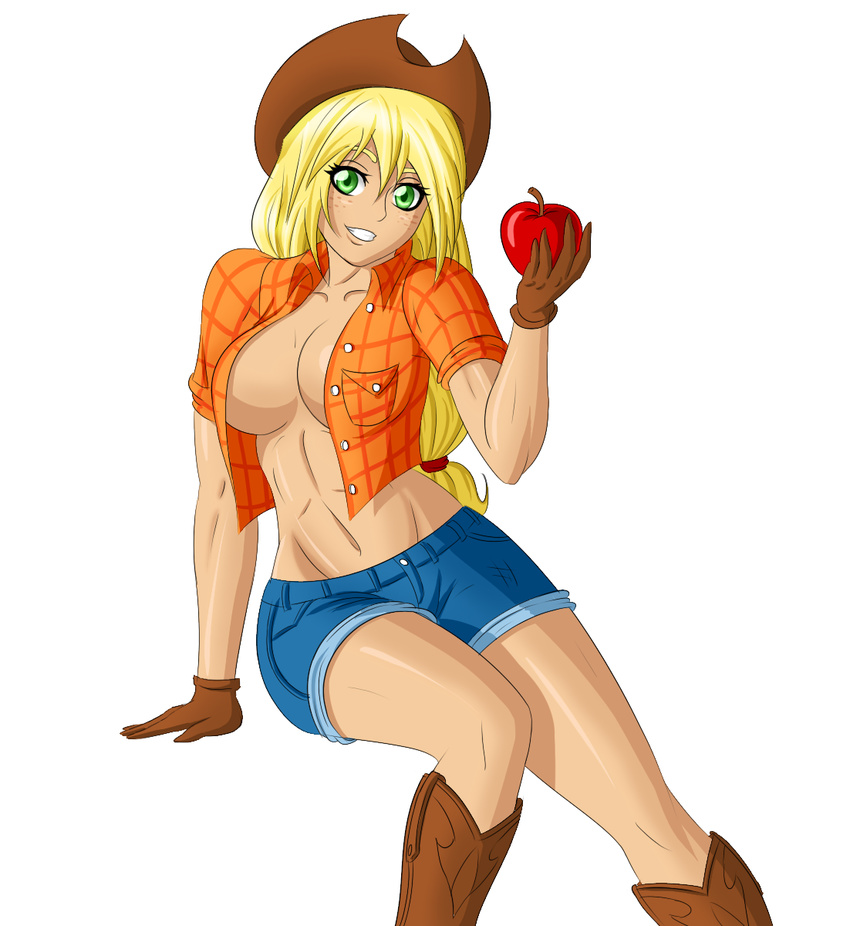 applejack_(mlp) big_breasts blonde_hair breasts cleavage clothed clothing female friendship_is_magic fruit gloves green_eyes hair hat holding human humanized long_hair mammal my_little_pony navel plain_background skimpy solo white_background zantyarz