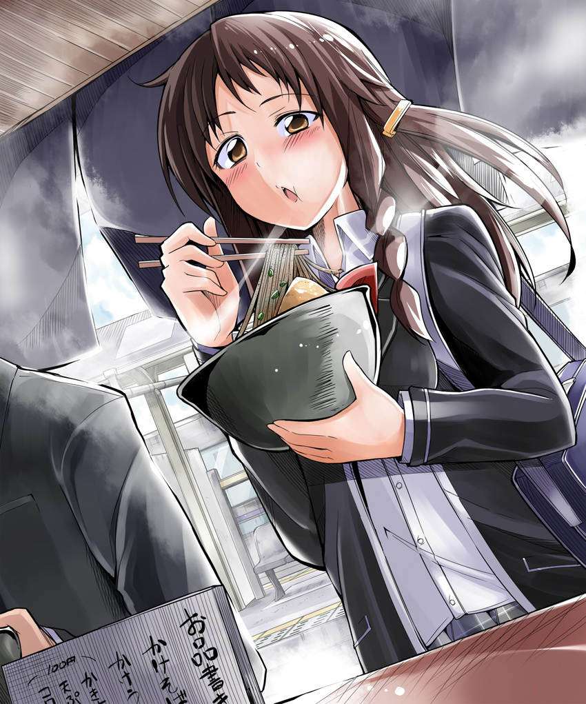 aburaage bag bibi blowing bowl brown_eyes brown_hair carrying chopsticks dutch_angle eating food hair_ornament hairclip highres holding long_hair noodles open_mouth original school_bag school_uniform soba solo