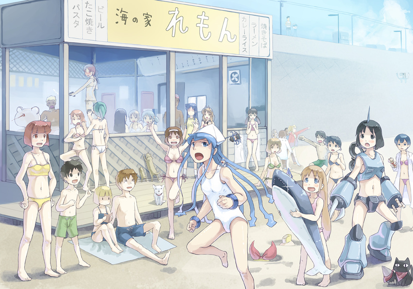 aioi_yuuko aizawa_chizuru aizawa_eiko aizawa_takeru beach bikini character_request crossover fecchan heiya ikamusume minakami_mai naganohara_mio nagatsuki_sanae nichijou professor_shinonome sakamoto_(nichijou) sekiguchi_yuria shark shinonome_nano shinryaku!_ikamusume swimsuit tachibana_misato weboshii whark