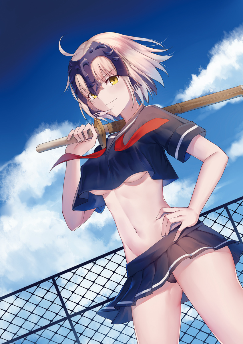 1girl ahoge alternate_costume bangs black_panties black_sailor_collar black_serafuku black_shirt black_skirt blue_sky blush breasts brown_eyes chain-link_fence closed_mouth cloud cloudy_sky commentary_request crop_top day dutch_angle eyebrows_visible_through_hair fate/grand_order fate_(series) fence gogatsu_fukuin groin hair_between_eyes hand_on_hip headpiece highres holding holding_weapon jeanne_d'arc_(alter)_(fate) jeanne_d'arc_(fate)_(all) light_brown_hair looking_at_viewer medium_breasts navel outdoors panties pleated_skirt red_neckwear sailor_collar school_uniform serafuku shinai shirt short_hair short_sleeves skirt sky smile solo sword underboob underwear weapon