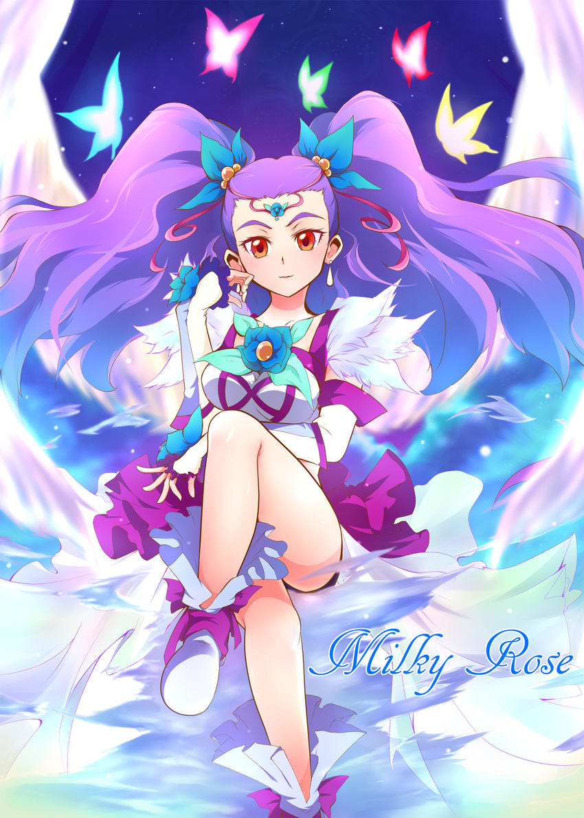 arm_warmers ashita_wa_hitsuji boots character_name detached_sleeves dress earrings english eyelashes fingerless_gloves gloves hair_ornament hair_ribbon happy highres jewelry long_hair looking_at_viewer magical_girl milk_(yes!_precure_5) milky_rose mimino_kurumi precure purple_hair red_eyes ribbon sitting smile solo twintails yes!_precure_5 yes!_precure_5_gogo!