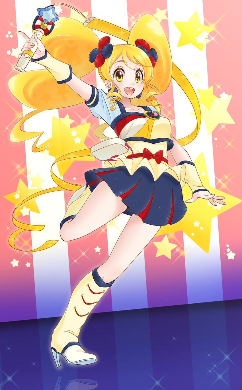 :d absurdres alternate_form arm_up blonde_hair blue_skirt boots cure_honey earrings full_body happinesscharge_precure! highres jewelry knee_boots long_hair multicolored multicolored_clothes multicolored_skirt oomori_yuuko open_mouth popcorn_cheer precure skirt smile solo standing standing_on_one_leg star twintails wand wrist_cuffs yellow_eyes yupiteru