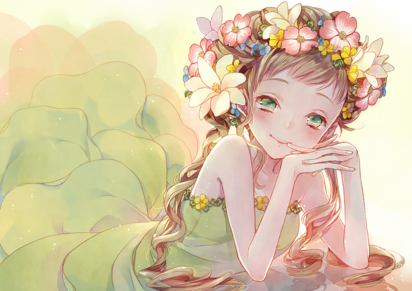 blush brown_hair dress flowers green_eyes long_hair mikuni_(mikunik) original