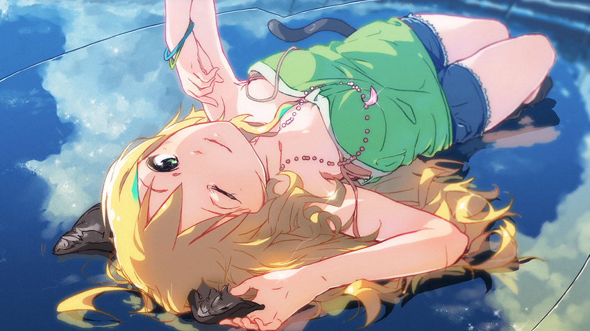 animal_ears bad_id bad_pixiv_id blonde_hair cat_ears cat_tail green_eyes highres hoshii_miki idolmaster idolmaster_(classic) jewelry kemonomimi_mode long_hair looking_at_viewer lying necklace on_back one_eye_closed shorts smile solo tail vc3000mg