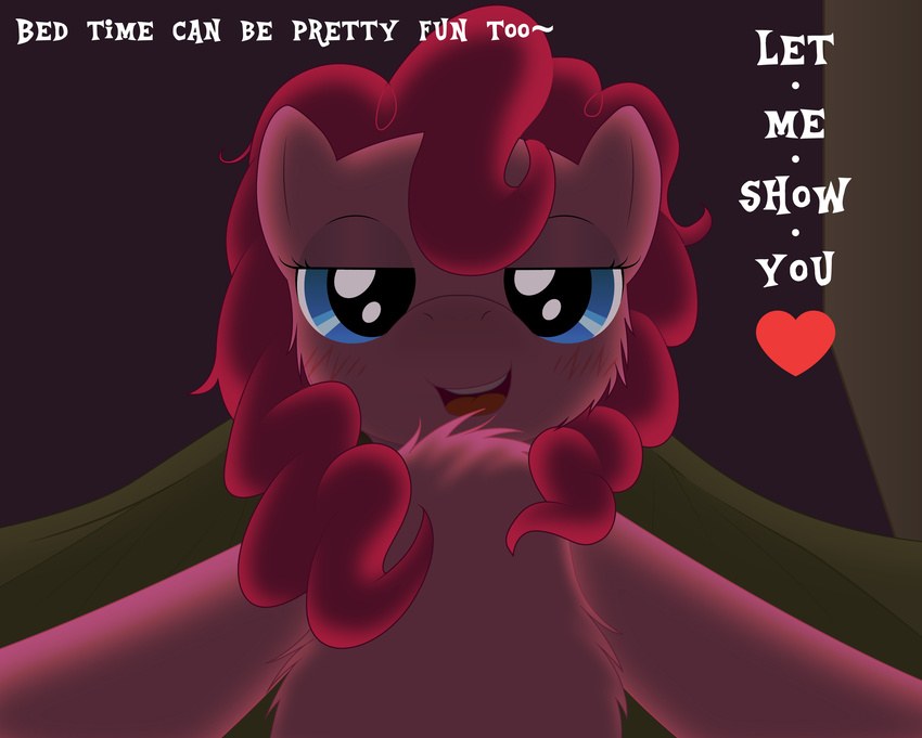 absurd_res bedroom bedroom_eyes blue_eyes blush equine female friendship_is_magic fur hair hi_res hooves horse looking_at_viewer mammal my_little_pony on_bed open_mouth pink_fur pink_hair pinkie_pie_(mlp) smile solo text xaigatomon
