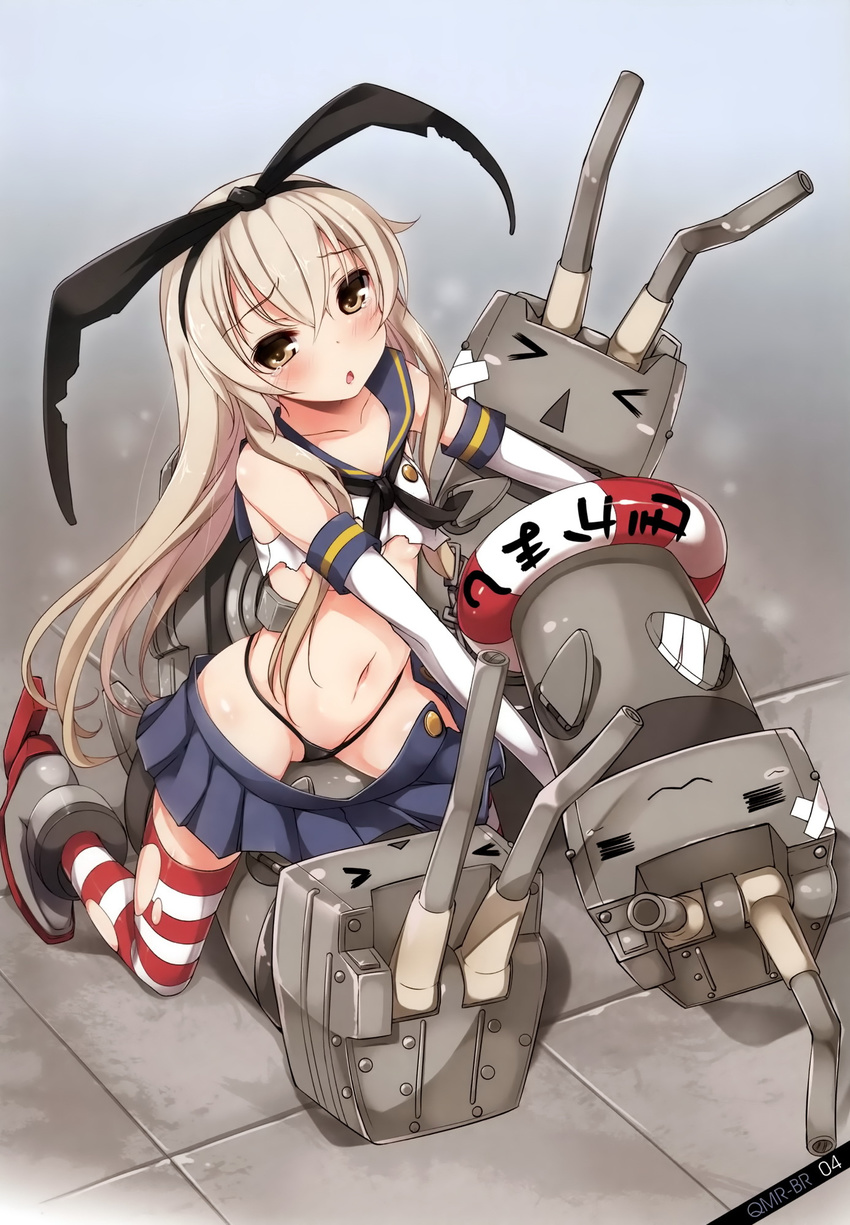&gt;_&lt; =_= bare_shoulders black_panties blonde_hair blush boots closed_eyes comic detached_sleeves elbow_gloves from_above girl_on_top gloves grey_footwear highres kantai_collection lifebuoy long_hair looking_at_viewer midriff miniskirt navel open_mouth panties rensouhou-chan school_uniform serafuku shimakaze_(kantai_collection) skirt solo straddling striped striped_legwear thighhighs thong torn_clothes torn_legwear underwear yellow_eyes yume_no_owari