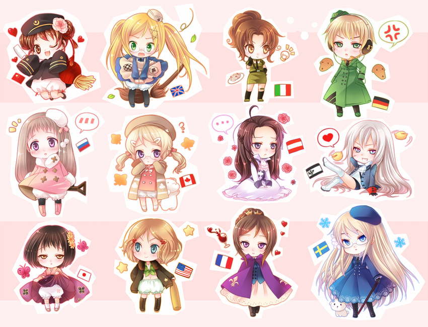 6+girls america_(hetalia) american_flag anger_vein austria_(hetalia) axis_powers_hetalia blonde_hair canada_(hetalia) canadian_flag chibi china_(hetalia) flag france_(hetalia) french_flag genderswap genderswap_(mtf) german_flag germany_(hetalia) italian_flag japan_(hetalia) japanese_flag kokutou_mimi kumajirou_(hetalia) multiple_girls northern_italy_(hetalia) prussia_(hetalia) prussian_flag russia_(hetalia) spoken_anger_vein spoken_blush spoken_ellipsis sweden_(hetalia) swedish_flag union_jack united_kingdom_(hetalia)