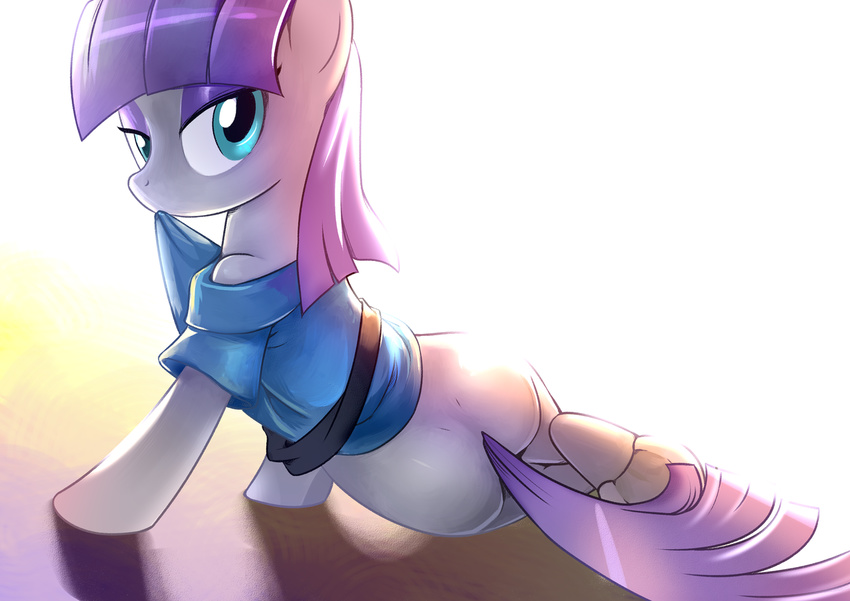 2014 blue_eyes bottomless clothing equine female feral friendship_is_magic fur gashiboka grey_fur hair horse looking_at_viewer mammal maud_pie_(mlp) my_little_pony plain_background pony pose purple_hair shadow solo white_background