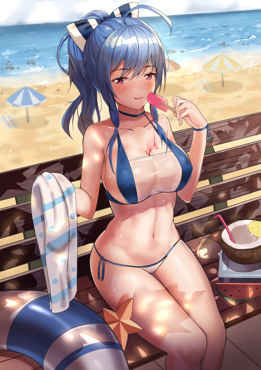 1girl absurdres azur_lane beach beach_umbrella bench bikini blue_choker blue_hair blush bow breasts choker cleavage coconut covered_nipples darcy_(pixiv11949485) day drinking_straw dripping eyebrows_visible_through_hair food food_on_body fruit hair_bow highres innertube large_breasts long_hair looking_at_viewer navel ocean outdoors ponytail popsicle purple_eyes seashell shell side-tie_bikini sideboob sitting solo st._louis_(azur_lane) star swimsuit towel two-tone_bikini umbrella watermelon wet