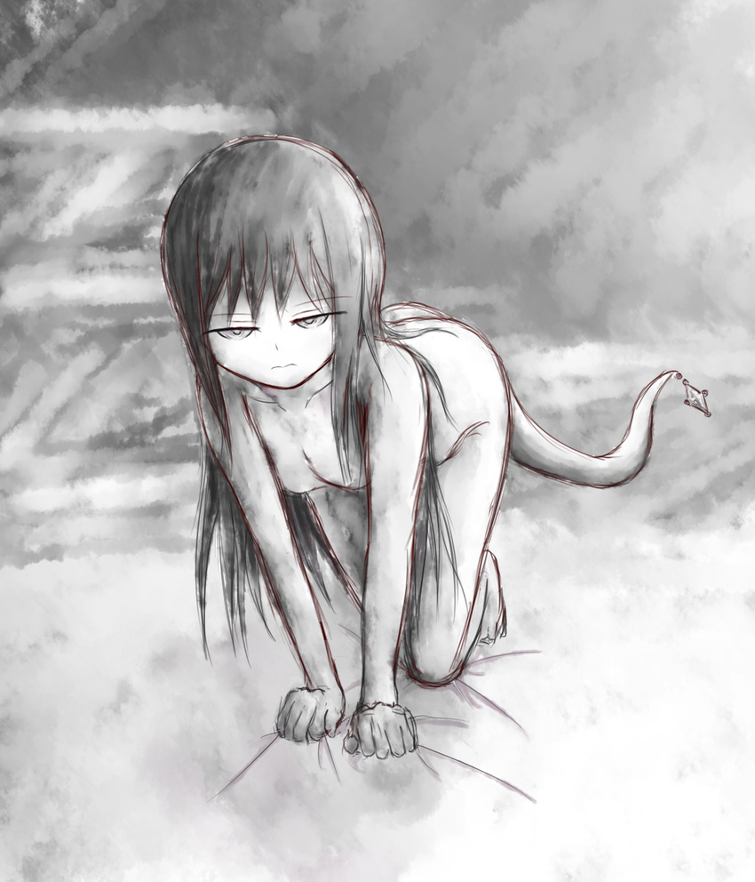 5tb akemi_homura all_fours animalization black_hair gem greyscale highres long_hair looking_at_viewer mahou_shoujo_madoka_magica monochrome nude salamander_tail tail