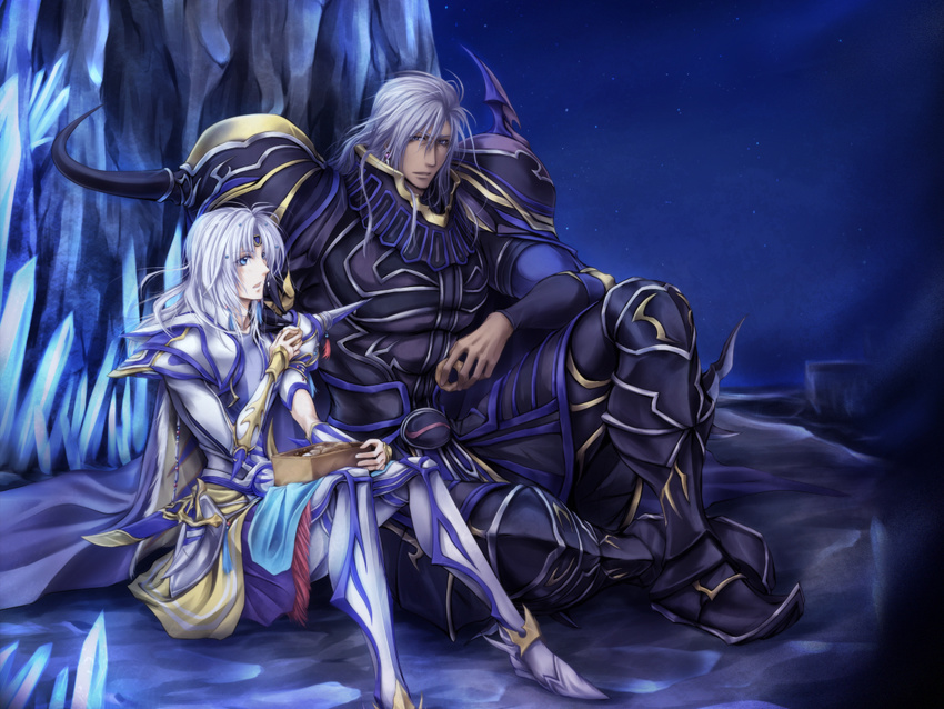 armor bad_id bad_pixiv_id black_armor blue_eyes boots box brothers cecil_harvey dissidia_final_fantasy final_fantasy final_fantasy_iv food full_armor full_body golbeza greaves grey_hair male_focus miyano_(homura-mk) multiple_boys pauldrons siblings sitting white_hair