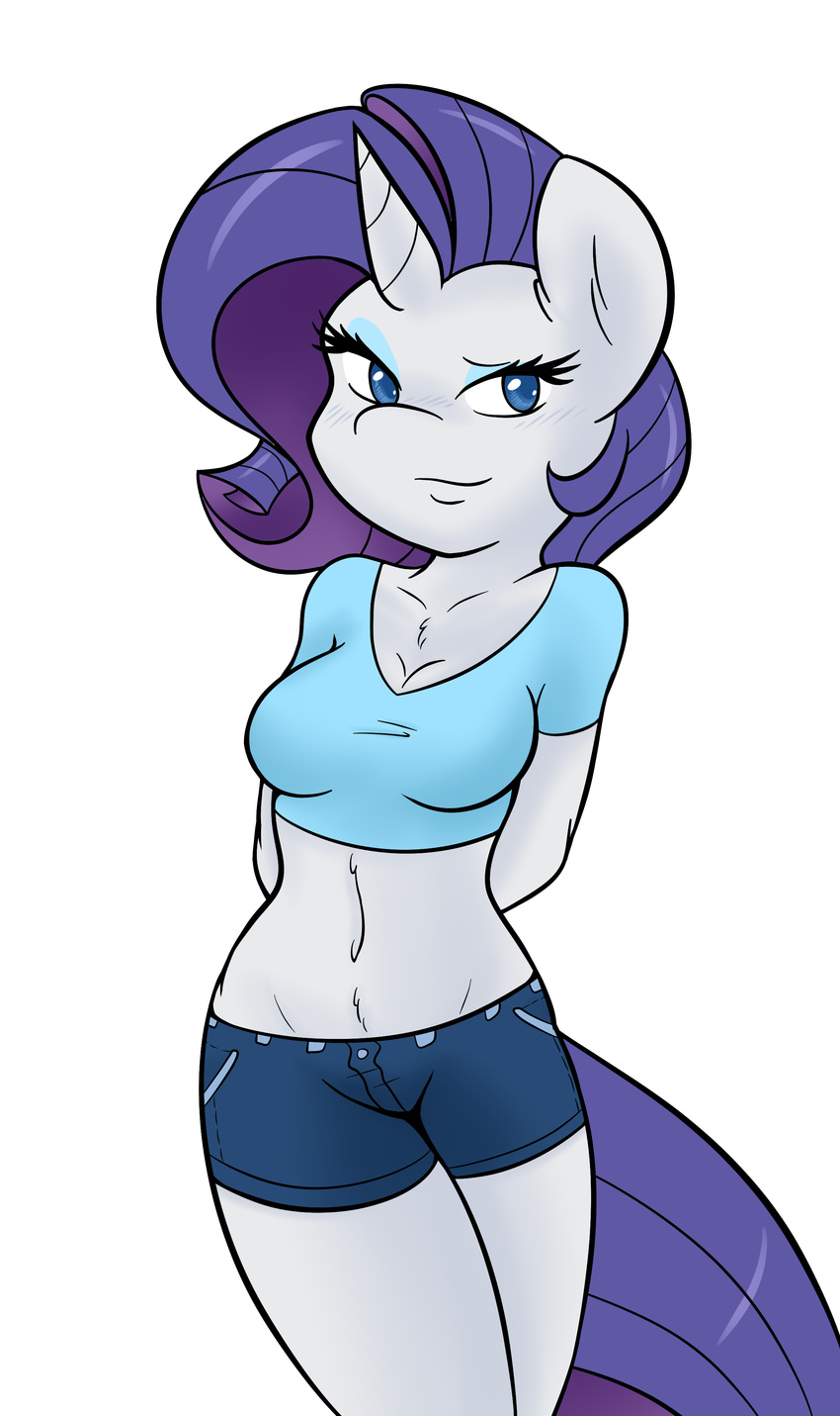 absurd_res ambris anthro anthrofied arms_behind_back big_breasts blue_eyes breasts clothing denim equine eyelashes eyeshadow female friendship_is_magic fur hair hi_res horn looking_at_viewer makeup mammal my_little_pony navel plain_background purple_hair rarity_(mlp) shirt shorts smile solo unicorn white_background white_fur