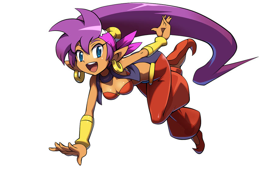 alternate_costume arabian_clothes bandana bandeau blue_eyes bracer breasts choker dark_skin downscaled earrings harem_pants hoop_earrings jewelry long_hair makoto_yabe md5_mismatch medium_breasts official_art pants pointy_ears pointy_shoes ponytail purple_hair resized running shantae_(character) shantae_(series) shantae_and_the_pirate's_curse shoes smile solo very_long_hair vest