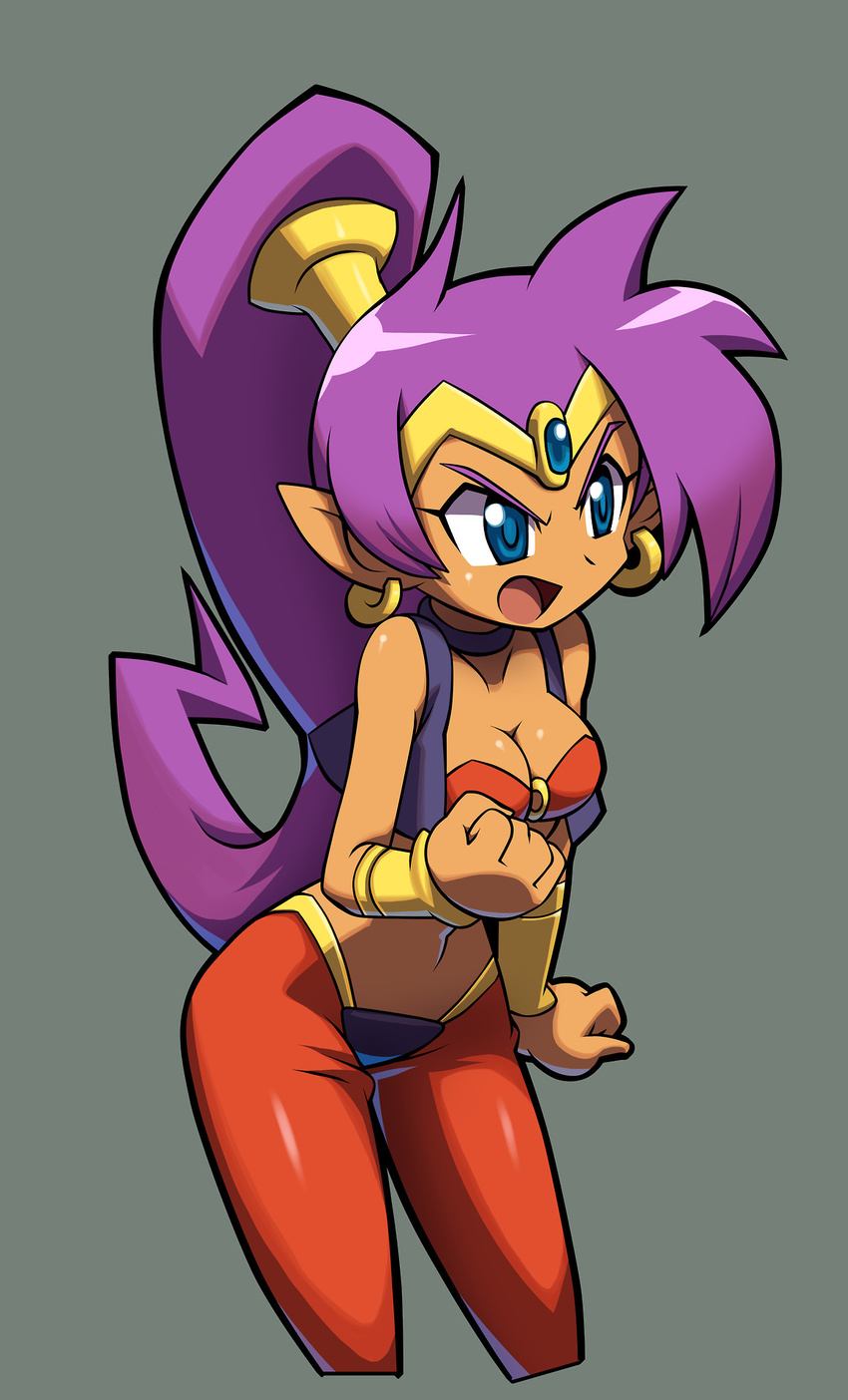 angry bandeau blue_eyes bracer breasts choker cleavage clenched_hands cowboy_shot cropped_legs dark_skin downscaled earrings forehead_jewel grey_background highres hoop_earrings jewelry long_hair makoto_yabe md5_mismatch medium_breasts official_art open_mouth pointy_ears ponytail purple_hair resized shantae_(character) shantae_(series) shantae_and_the_pirate's_curse simple_background solo tiara very_long_hair vest