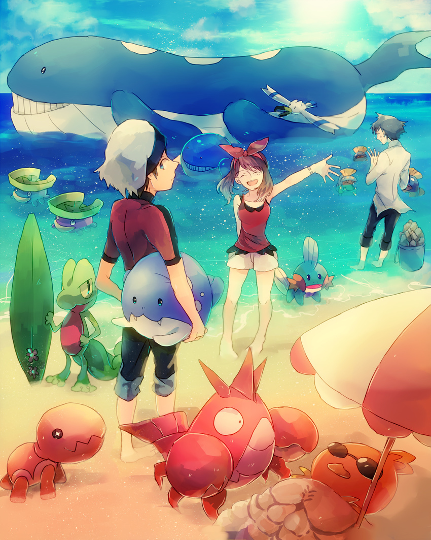 2boys arm_up barefoot beach bike_shorts blue_eyes bracelet brown_hair closed_eyes corphish day gen_3_pokemon hair_ribbon haruka_(pokemon) hat highres huntail jewelry lotad mudkip multiple_boys ocean okii open_mouth parasol pokemon pokemon_(creature) pokemon_(game) pokemon_oras ribbon sand shirt short_hair short_shorts shorts silver_hair sleeveless sleeveless_shirt spheal sunglasses surfboard torchic trapinch treecko tsuwabuki_daigo umbrella wailmer wailord wingull yuuki_(pokemon)