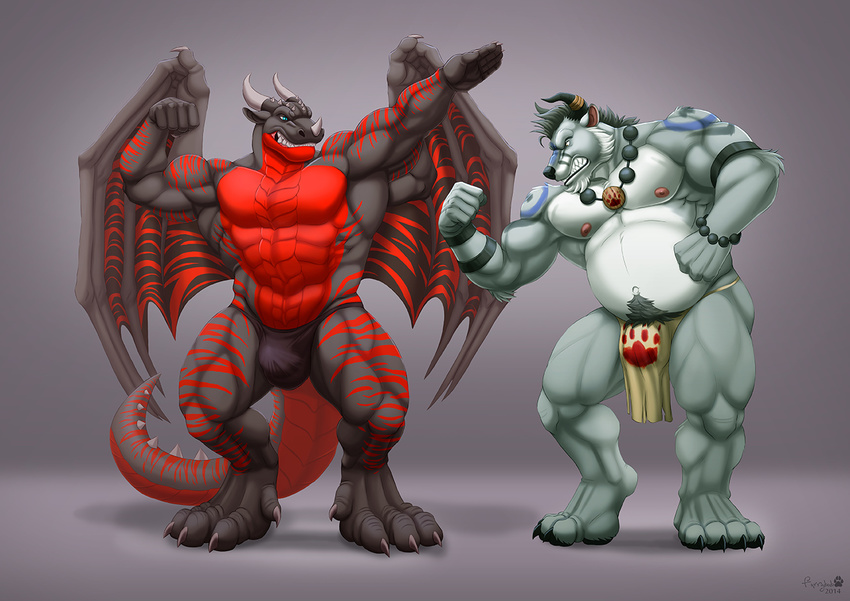abs anthro arkanian armband azk bear belly biceps big_muscles black_skin bodypaint bovine bracelet bulge cattle chubby clenched_teeth dragon duo flexing furrybob horn hybrid jewelry loincloth male mammal musclegut muscles necklace pecs pose presenting red_skin speedo swimsuit teeth thong tribal wings