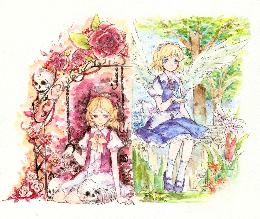 :o apron ascot bench blonde_hair blue_eyes blue_flower blue_rose bow cattail chain cuffs demon_wings flower gengetsu graphite_(medium) hair_bow highres ice lily_(flower) looking_at_viewer maid_headdress mary_janes mugetsu multiple_girls open_clothes open_hand open_vest outdoors plant puffy_short_sleeves puffy_sleeves red_bow red_eyes red_flower red_rose restrained rose shackles shoes short_sleeves siblings sisters sitting skirt skirt_set skull smile socks split_screen touhou touhou_(pc-98) traditional_media tree trellis vest waist_apron watercolor_(medium) wings yokozuwari yorktown_cv-5
