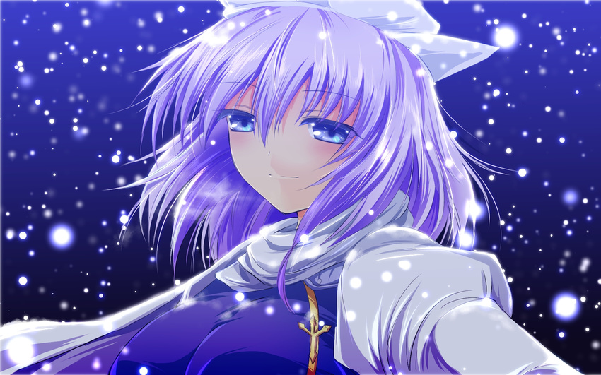 blue_background blue_eyes breasts brooch eyelashes gradient gradient_background hat highres jewelry juliet_sleeves large_breasts letty_whiterock light_smile long_sleeves looking_at_viewer nekominase puffy_sleeves scarf short_hair silver_hair simple_background snowing solo touhou upper_body white_scarf
