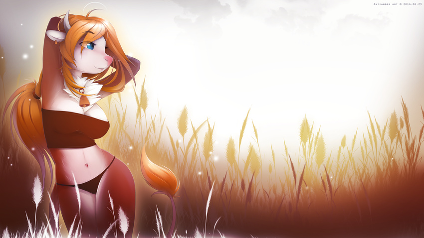 absurd_res antiander arms_behind_head bell blonde_hair blue_eyes bovine breasts cattle chest_tuft cleavage clothed clothing ear_piercing female fur grass hair hi_res horn long_hair mammal navel outside panties piercing pink_nose red_fur shirt solo standing tail_tuft thighs tuft underwear white_fur