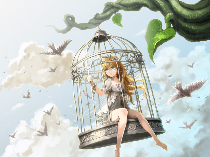 bare_legs bdsm bird birdcage blonde_hair blue_eyes bondage bound bound_wrists cage cloud cloudy_sky day dress fairy fairy_wings highres leaf long_hair looking_away original plant pointy_ears sitting sky ume_(illegal_bible) vines white_dress wings