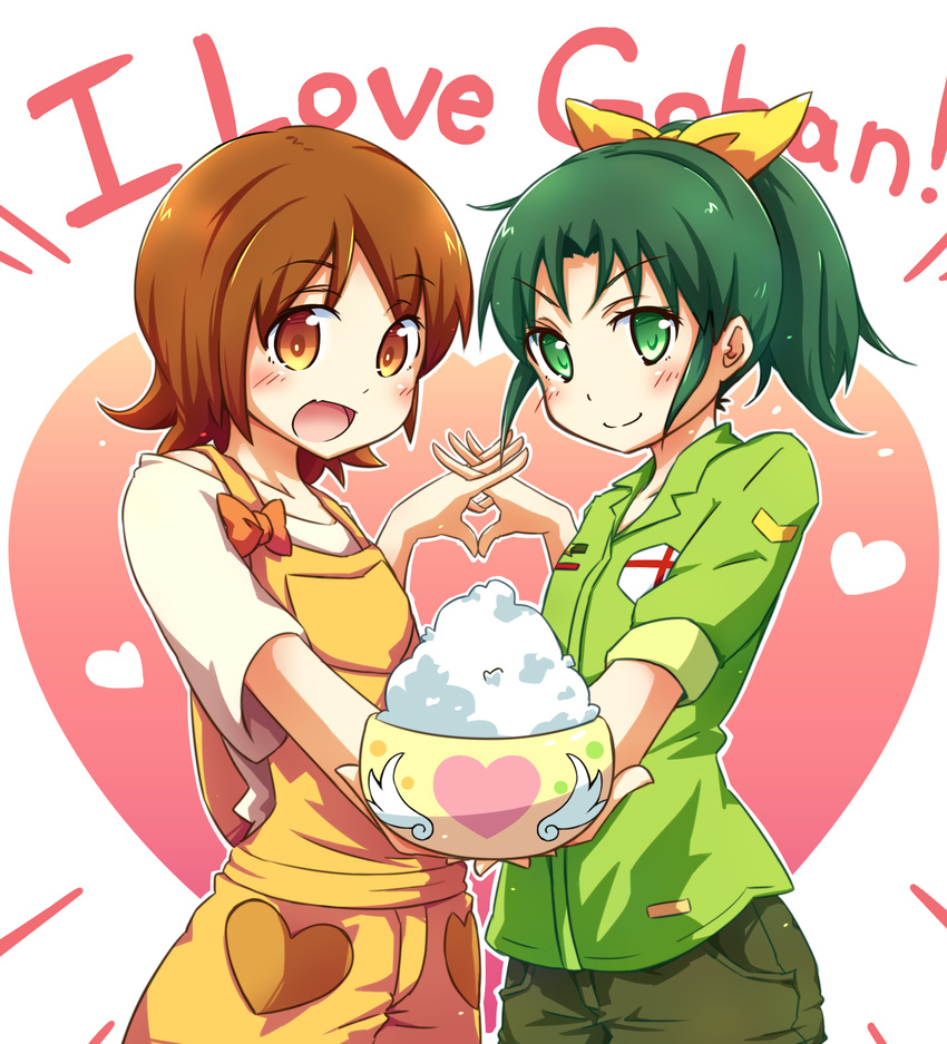 :d bowl brown_eyes brown_hair green_eyes green_hair green_shirt happinesscharge_precure! heart highres holding_hands kirimochi midorikawa_nao multiple_girls oomori_yuuko open_mouth overalls ponytail precure rice shirt short_hair smile smile_precure!
