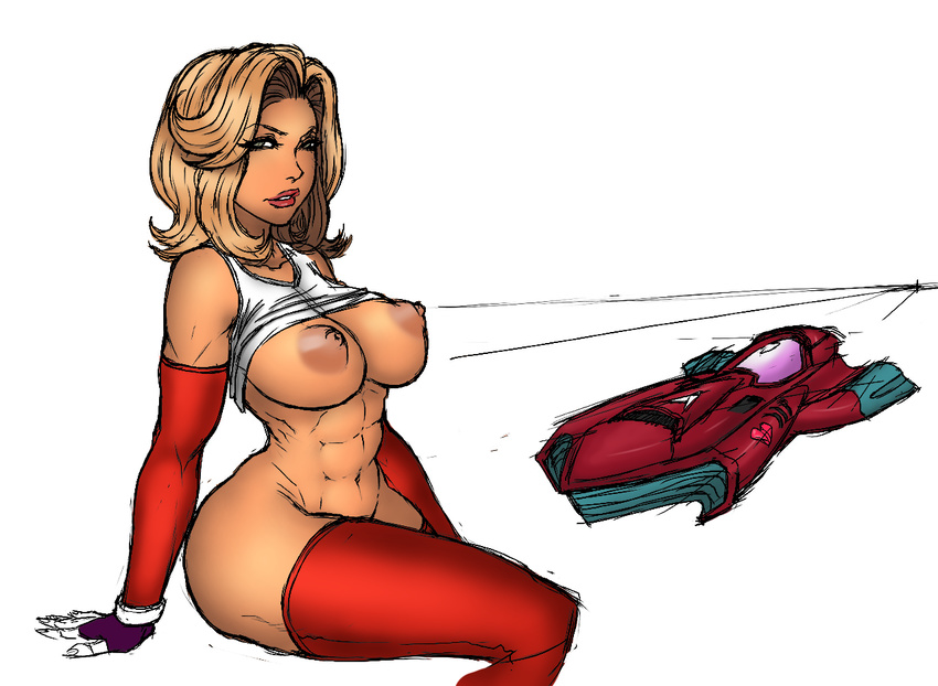 1kmspaint abs blonde_hair breasts colorized curvy dark_nipples detached_sleeves f-zero fingerless_gloves gloves large_breasts lineart lips lipstick lm_(legoman) makeup monique_l'amoreaux nipples no_panties puffy_nipples queen_meteor red_gloves red_legwear shirt_lift short_hair sitting solo space_craft tank_top thick_thighs thighhighs thighs wavy_hair wide_hips