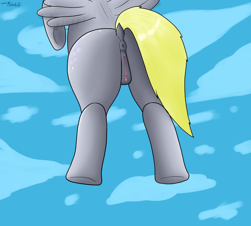 back_turned blonde_tail clitoris cutie_mark derpy_hooves_(mlp) equine fableiii feathers female flying friendship_is_magic fur grey_fur hair hi_res hooves horse mammal my_little_pony pegasus pony presenting pussy raised_tail solo wings