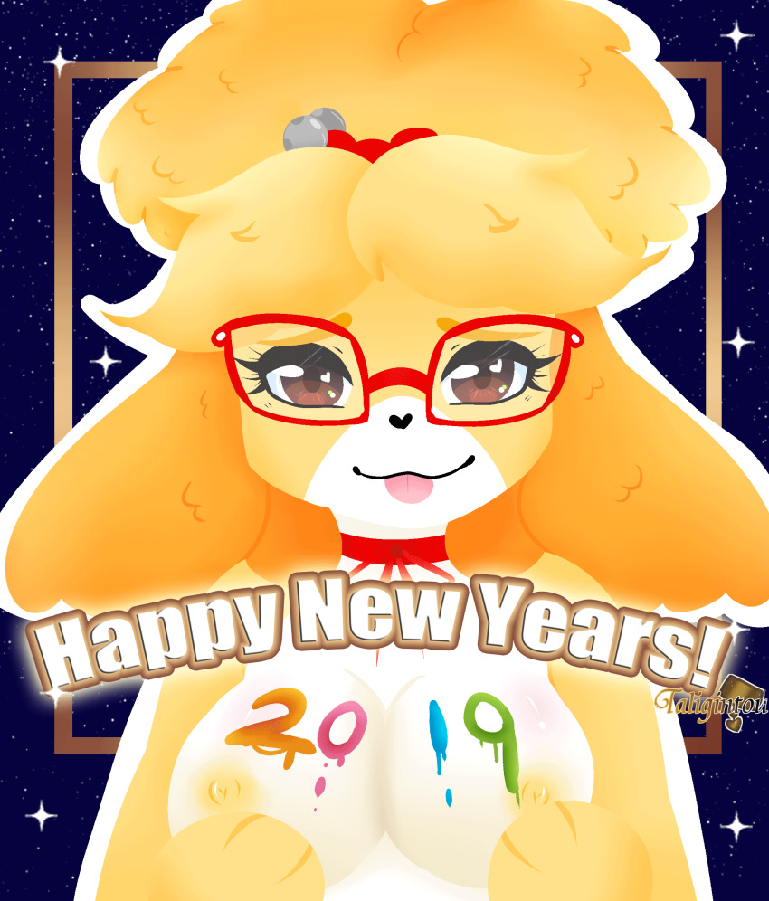 &lt;3 &lt;3_nose 2019 3_fingers animal_crossing animated anthro areola bell blinking breasts brown_eyes eyelashes eyewear female fur glasses holding_breast holidays isabaensfw isabelle_(animal_crossing) looking_at_viewer new_year nintendo nipples paint solo tongue tongue_out video_games white_fur yellow_ears yellow_fur yellow_nipples