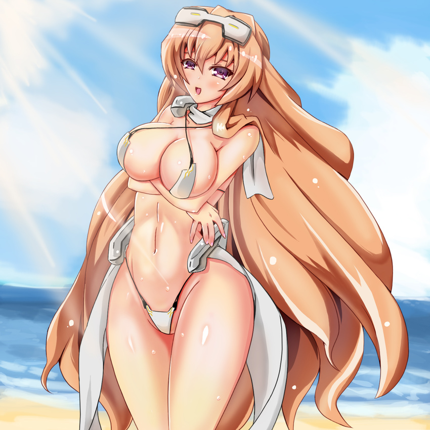 1girl aoi_kimi beach bikini blonde_hair breast_hold breasts brown_hair crossed_arms curvy female goggles kyoukaisenjou_no_horizon large_breasts long_hair navel ocean open_mouth purple_eyes shiny shiny_skin solo swimsuit very_long_hair wide_hips