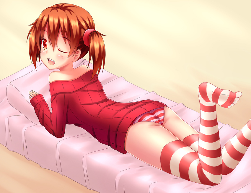 ;d ass brown_hair fast-runner-2024 flat_ass legs_up lying no_pants no_shoes on_stomach one_eye_closed open_mouth panties red_eyes ribbed_sweater short_hair silica smile solo striped striped_legwear striped_panties sweater sword_art_online thighhighs twintails underwear