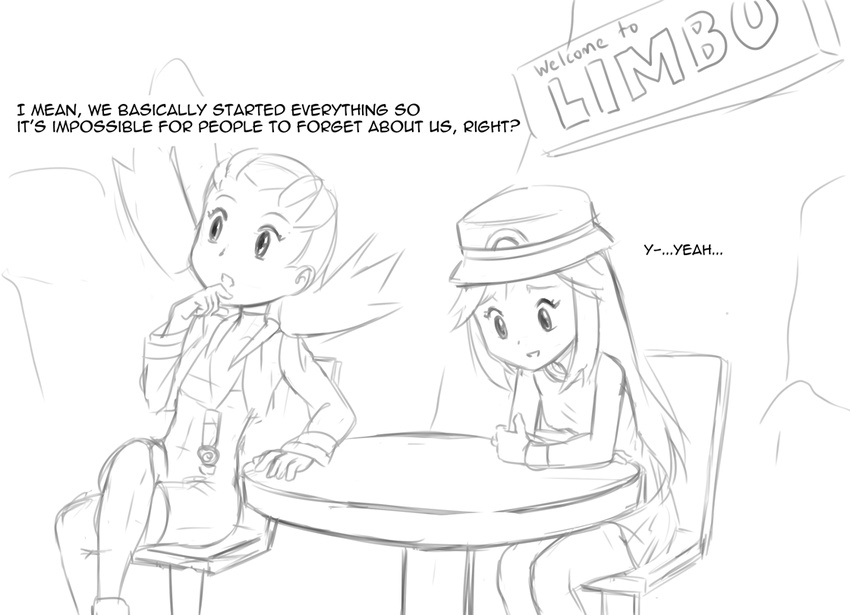 blue_(pokemon) crossed_legs crystal_(pokemon) english greyscale hat jiffic long_hair monochrome multiple_girls open_mouth pokegear pokemon pokemon_(game) pokemon_frlg pokemon_gsc sitting sketch skirt smile table twintails wristband