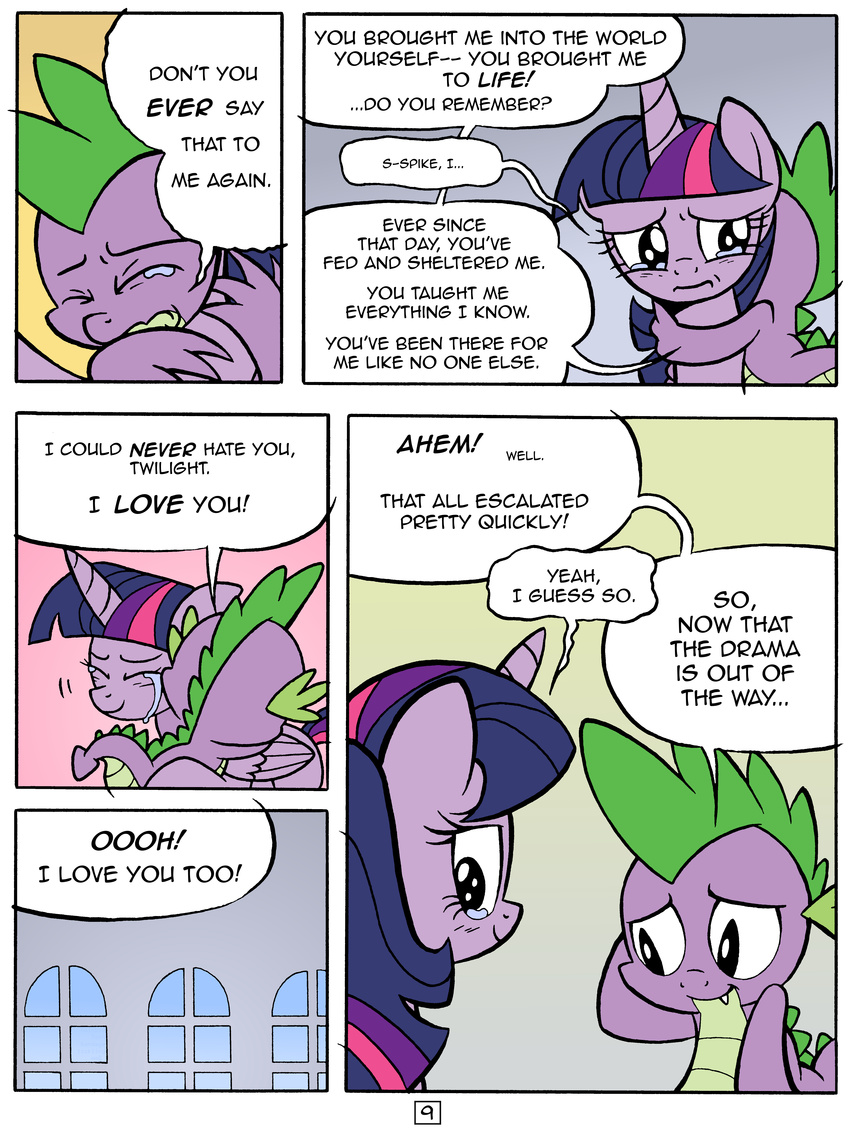 2014 absurd_res comic crying dialog dragon duo english_text equine female friendship_is_magic fur hair hi_res horn hug male mammal multi-colored_hair my_little_pony open_mouth princess purple_fur purple_hair redapropos royalty spike_(mlp) tears text twilight_sparkle_(mlp) winged_unicorn wings