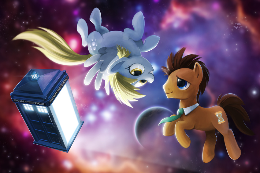 blonde_hair blue_eyes brown_hair cutie_mark derp_eyes derpy_hooves_(mlp) doctor_whooves_(mlp) duo earth_pony equestria_girls equine femael floating friendship_is_magic glowing hair horse male mammal my_little_pony necktie pegasus planet police_box pony space sparkles stars tardis tsaoshin wings yellow_eyes