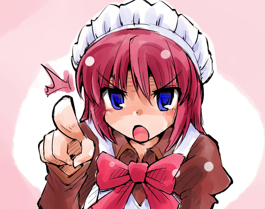 bow gradient gradient_background hisui maid maid_headdress open_mouth pointing pointing_at_viewer purple_eyes red_hair shinapuu short_hair simple_background solo tsukihime
