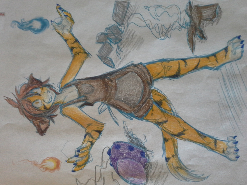 avian barefoot beak bird claws clothing daughter dead digitigrade feline female fire fur hair hindpaw human hybrid insane keidran magic mammal original_character paws plain_background satellite short_hair smile smoke standing teeth tiger tom_fischbach twokinds white_background