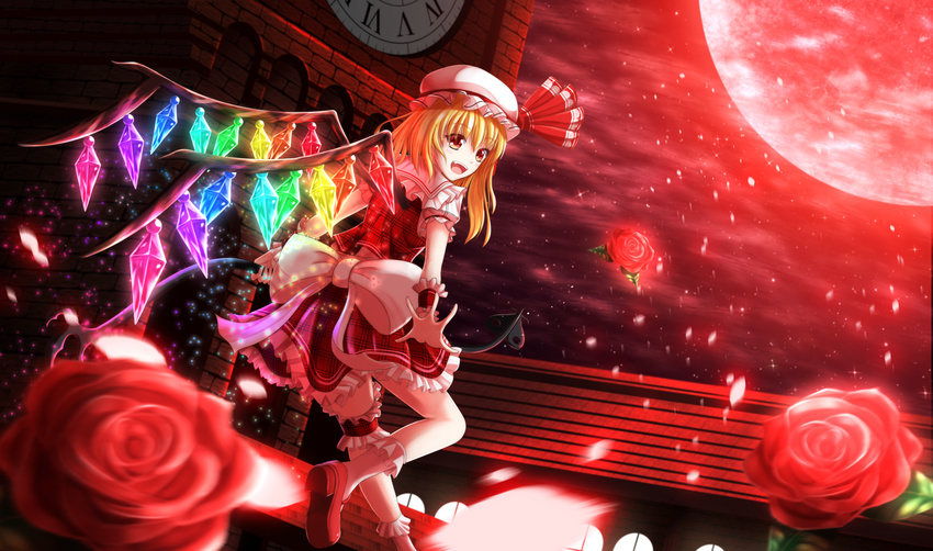 bad_id bad_pixiv_id blonde_hair bow clock clock_tower fang flandre_scarlet flower folded_leg from_behind full_moon garters hat hat_ribbon highres laevatein light_particles looking_at_viewer looking_back mary_janes mob_cap moon night open_mouth outdoors plaid plaid_skirt plaid_vest red_eyes red_flower red_moon red_rose red_sky ribbon roman_numerals rose scarlet_devil_mansion shoes short_hair short_sleeves side_ponytail skirt sky socks solo tasogare_(ddfftasogare) touhou tower vest wings wrist_cuffs