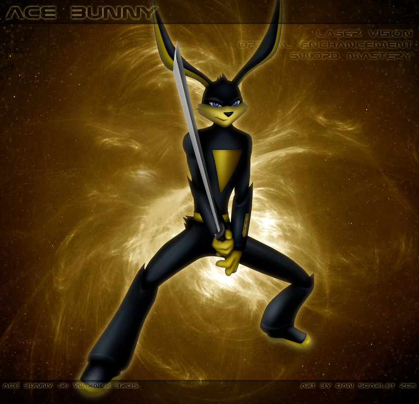 ace_bunny bodysuit cartoon dan_scarlet green_eyes lagomorph loonatics_unleashed male mammal rabbit skinsuit solo superhero superpowers sword text toon weapon