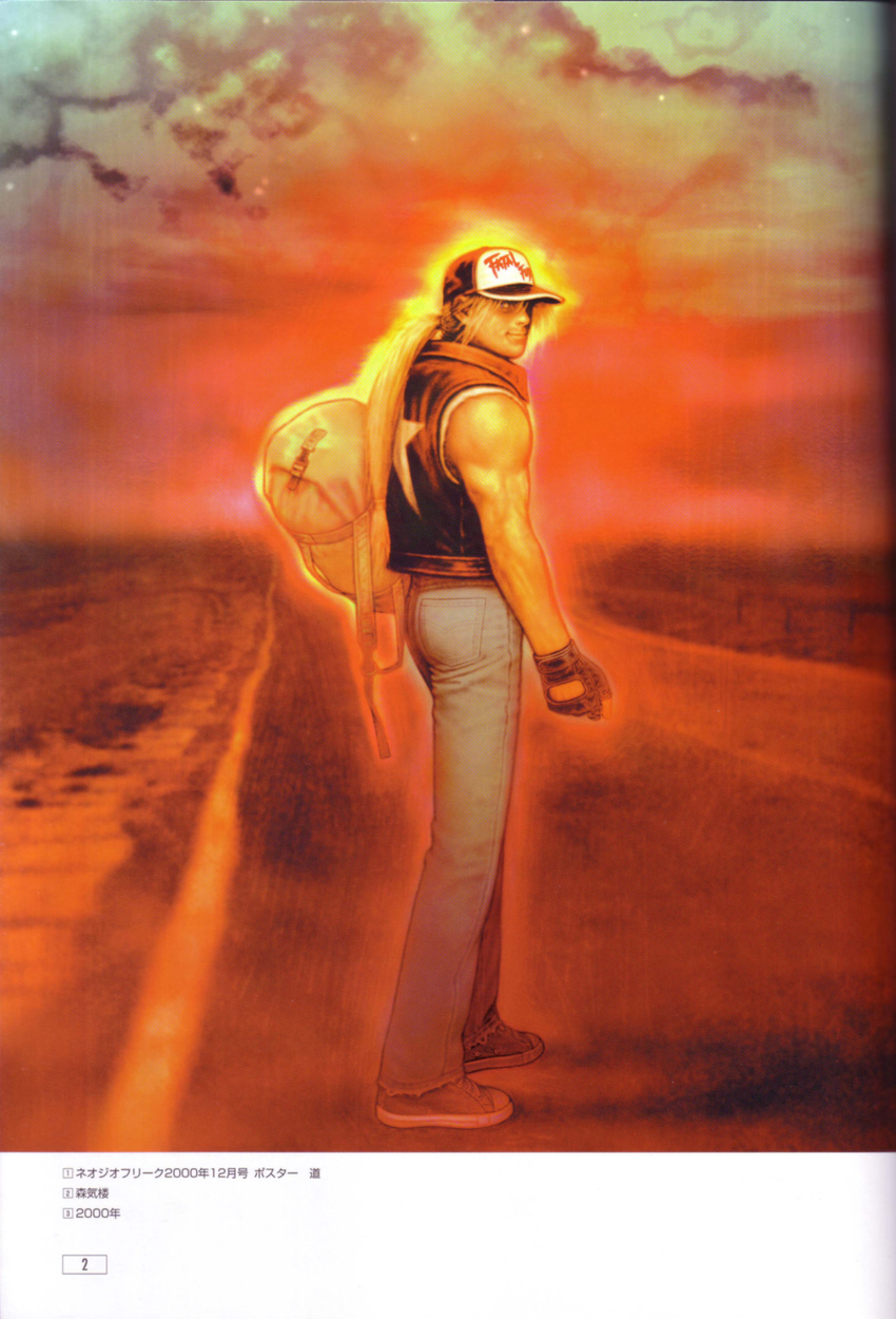 absurdres artbook bag denim fatal_fury fingerless_gloves gloves hat highres jeans looking_back male_focus mori_toshiaki muscle official_art pants scan solo terry_bogard the_king_of_fighters