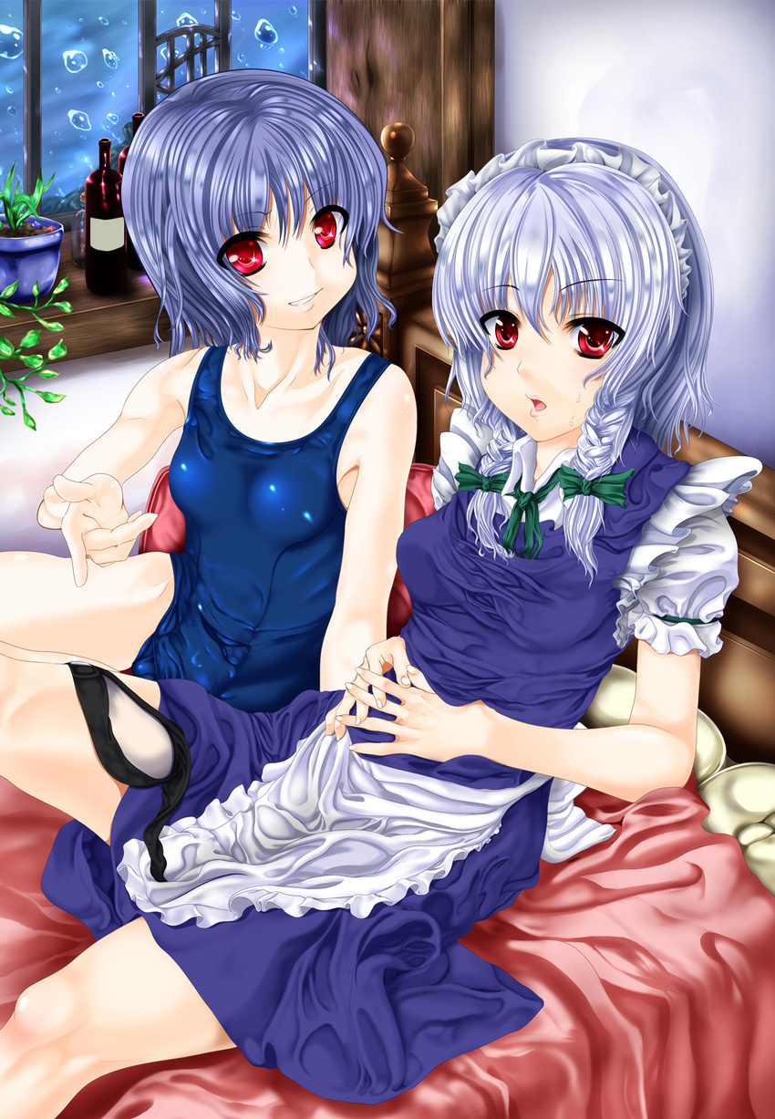 bad_id bad_pixiv_id bed blue_hair highres izayoi_sakuya multiple_girls one-piece_swimsuit plant potted_plant red_eyes remilia_scarlet sakurai_yuki_(pixiv) school_swimsuit shiny shiny_clothes skindentation swimsuit touhou