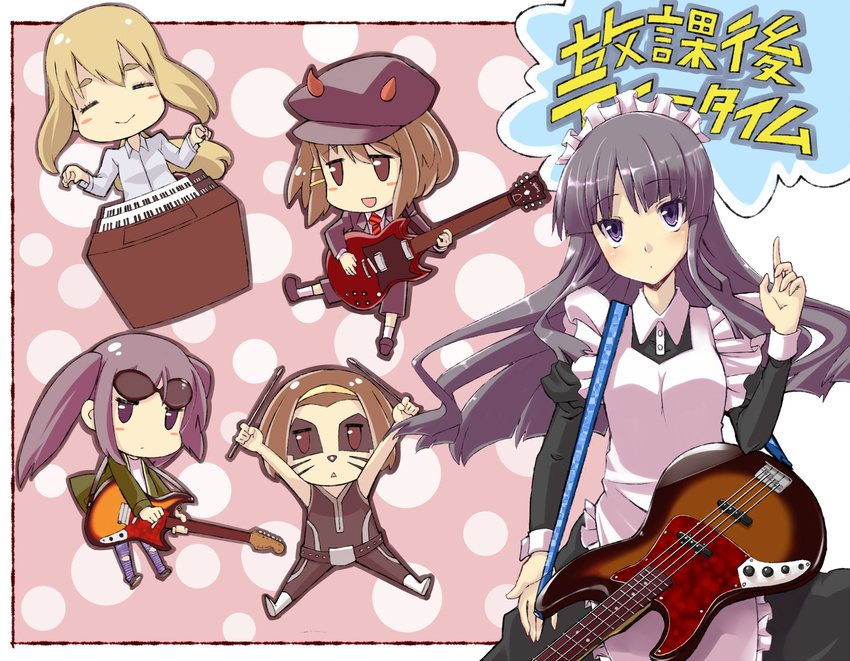 acdc akiyama_mio alternate_costume angus_young bad_id bad_pixiv_id bass_guitar black_hair cabbie_hat chibi cosplay drumsticks enmaided facepaint guitar hat hirasawa_yui horns instrument k-on! kiss_(rock_band) kotobuki_tsumugi kurt_cobain left-handed long_hair maid multiple_girls nakano_azusa nirvana_(band) numako organ peter_criss peter_criss_(cosplay) polka_dot sunglasses tainaka_ritsu