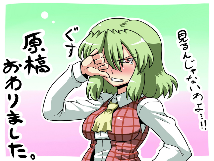 ascot blush breasts clenched_teeth green_hair highres impossible_clothes impossible_vest kazami_yuuka large_breasts plaid plaid_vest red_eyes short_hair slit_pupils solo teardrop tears teeth touhou translated tsuki_wani vest wiping_tears