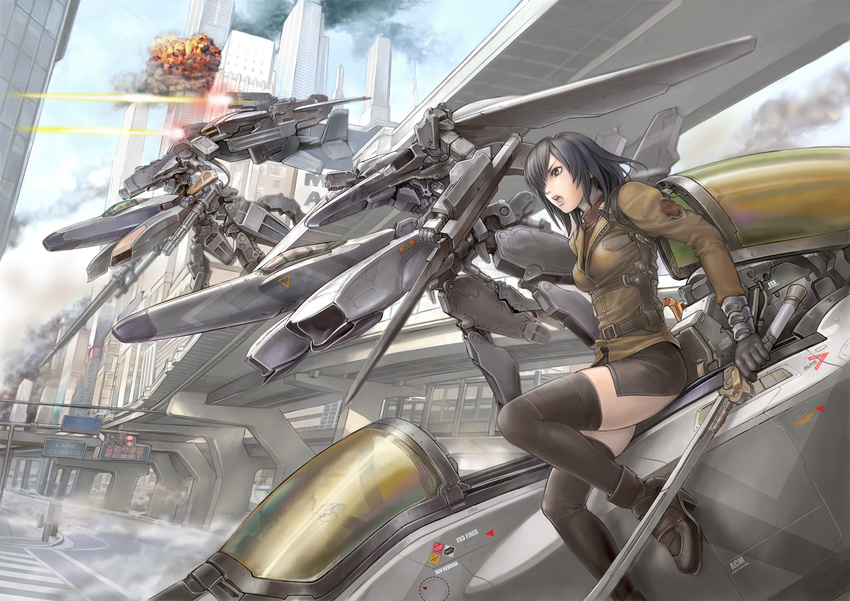 aircraft airplane battle black_eyes black_hair boots building catch_the_sky_earth_sos city cockpit day explosion fighter_jet fire flame gatling_gun gloves gun highres jet knight_vogel_s-01 kuratch mecha military military_vehicle miniskirt open_cockpit open_mouth outdoors perspective road saeki_rei sign skirt sky skyscraper smoke solo street sword thighhighs traffic_light uniform weapon