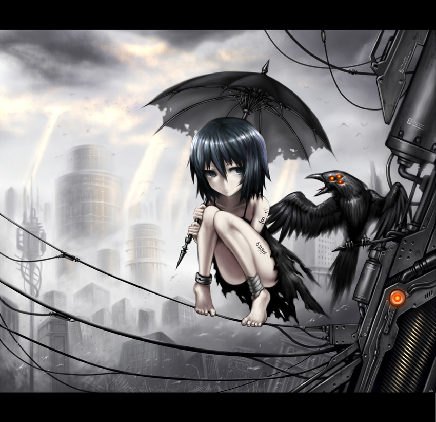 bare_shoulders barefoot bird black_dress blue_eyes blue_hair cable city cloud crow cyberpunk dress gia light_rays original pale_skin short_hair solo squatting sunbeam sunlight umbrella